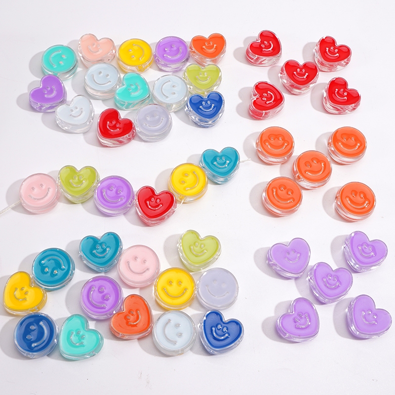 10ชิ้น/ถุง ลูกปัดสีสันสดใส ตัวเว้นวรรค รูปหัวใจ อะคริลิคสำหรับทำเองและอุปกรณ์