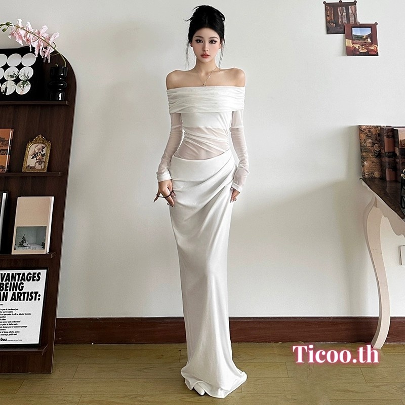 ผู้หญิงปิดไหล่สบายๆไม่สม่ําเสมอ Sheer ตาข่าย Patchwork Cutout แขนยาวชุดสําหรับค็อกเทล Streetwear