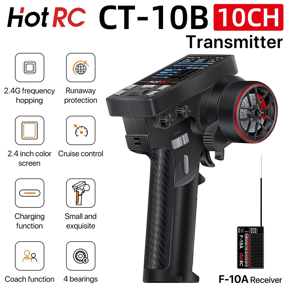 Hotrc เครื่องส่งสัญญาณ CT-10B 10CH 2.4GHz วิทยุระบบรีโมทคอนโทรลพร้อม F-10A สําหรับ RC รถเรือรุ่น