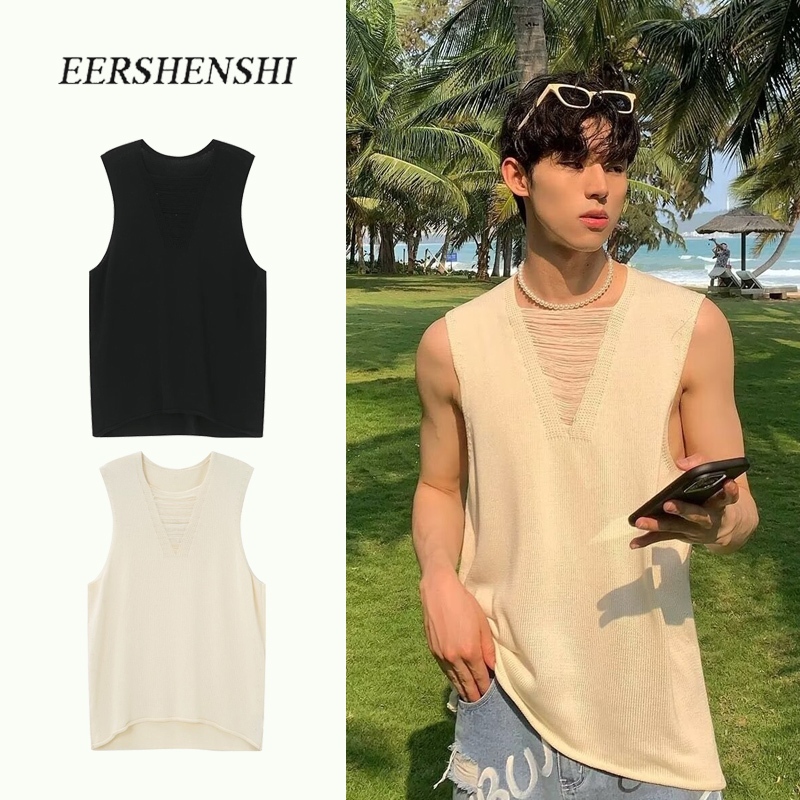 Eershenshi เสื้อกั๊กถักคอวีสไตล์อเมริกัน สตรีทสไตล์ หลวมๆ เรียบง่าย สีพื้น แขนกุด