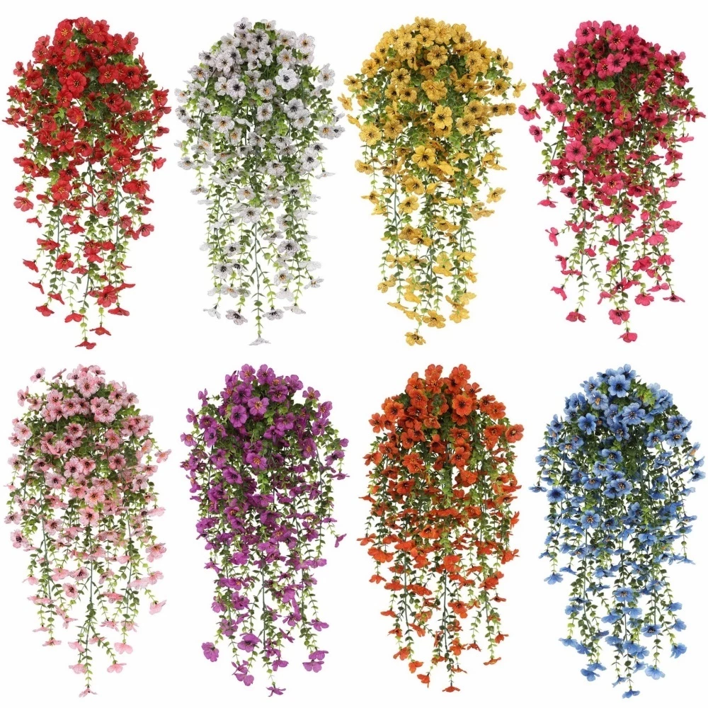 ดอกไม้สีแดงเถาแถบติดผนังห้อยพืชประดิษฐ์จําลองตกแต่งแขวนพืชหน้าต่างตกแต่งบ้าน