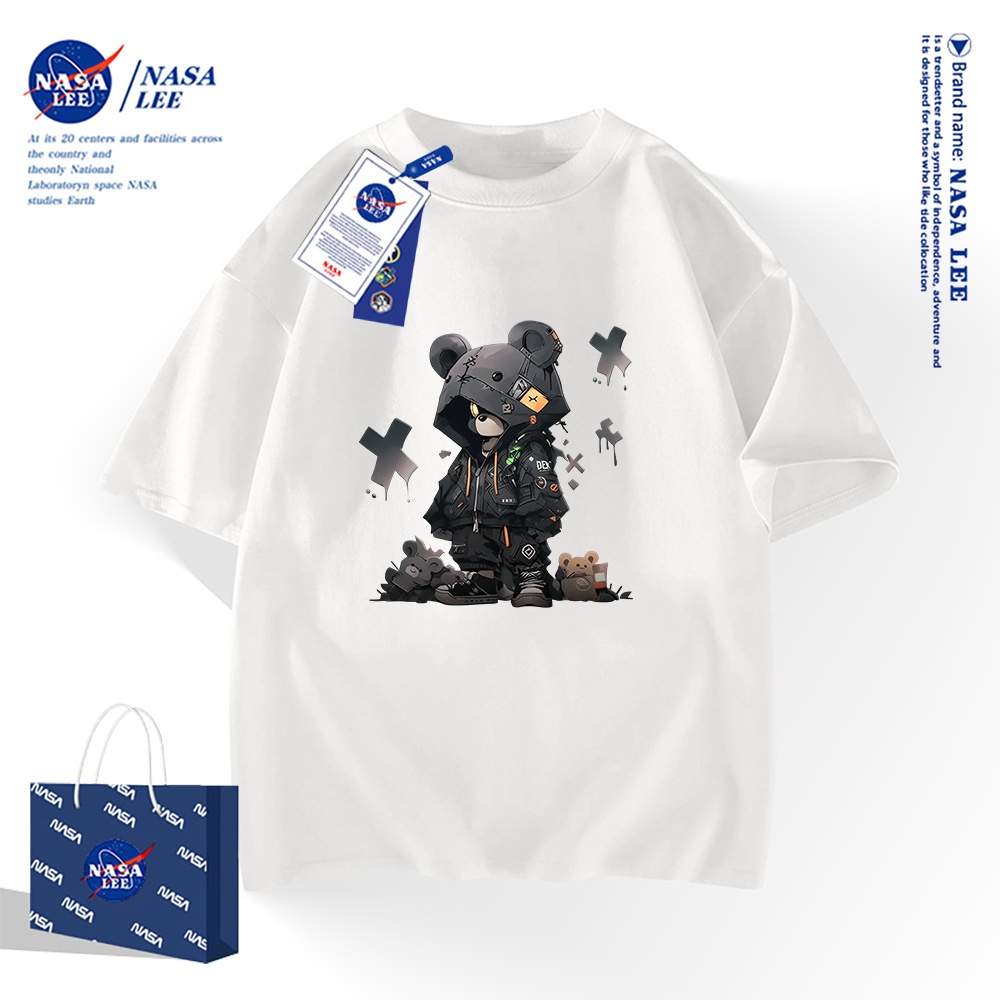 NASA เสื้อยืดแขนสั้นสไตล์อเมริกัน เนื้อผ้าฝ้าย 100% สำหรับผู้ชายและผู้หญิง ดีไซน์หมีดำเท่ๆ