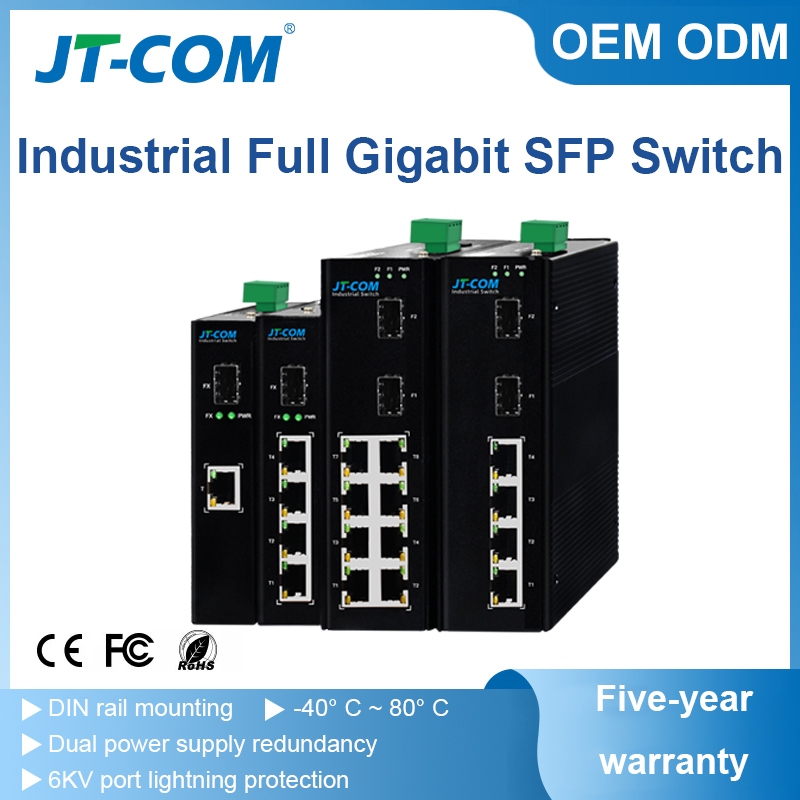 JT-COM สวิตช์อุตสาหกรรม Gigabit 1/4/5/8/16 พอร์ต Ruggedized 1/2 SFP และ 1/4/5/8/16 RJ45 DiN-Rail -40°C~85°C สวิตช์อีเทอร์เน็ตแหล่งจ่ายไฟ DC12-24V