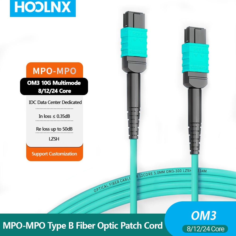 Hoolnx OM3 สายไฟเบอร์ MPO 8-24 Cores | ความยาว 1-50ม แบบกําหนดเอง | รองรับ 10G-400G ความเร็วสูง | Type B Polarity สําหรับ Data Center/Server Rack (แจ็คเก็ต 3.0 มม.)