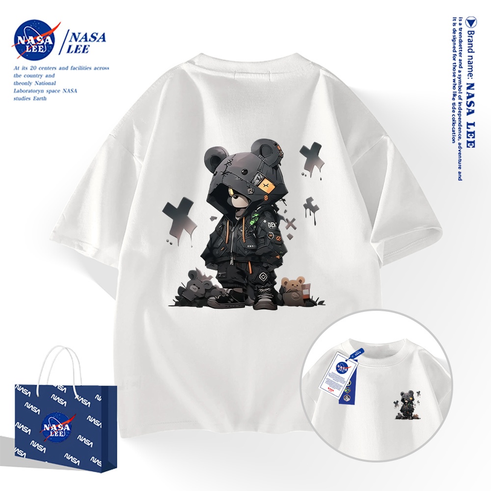 NASA เสื้อยืดแขนสั้นสไตล์อเมริกัน เนื้อผ้าฝ้าย 100% สำหรับผู้ชายและผู้หญิง ดีไซน์หมีน้อยเย็นชา
