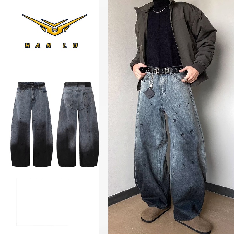Hanlu มีดพร้าแบบไล่เฉดสีสไตล์อเมริกันเรโทรกางเกงยีนส์ผู้ชายขากว้าง Hip Hop Casual