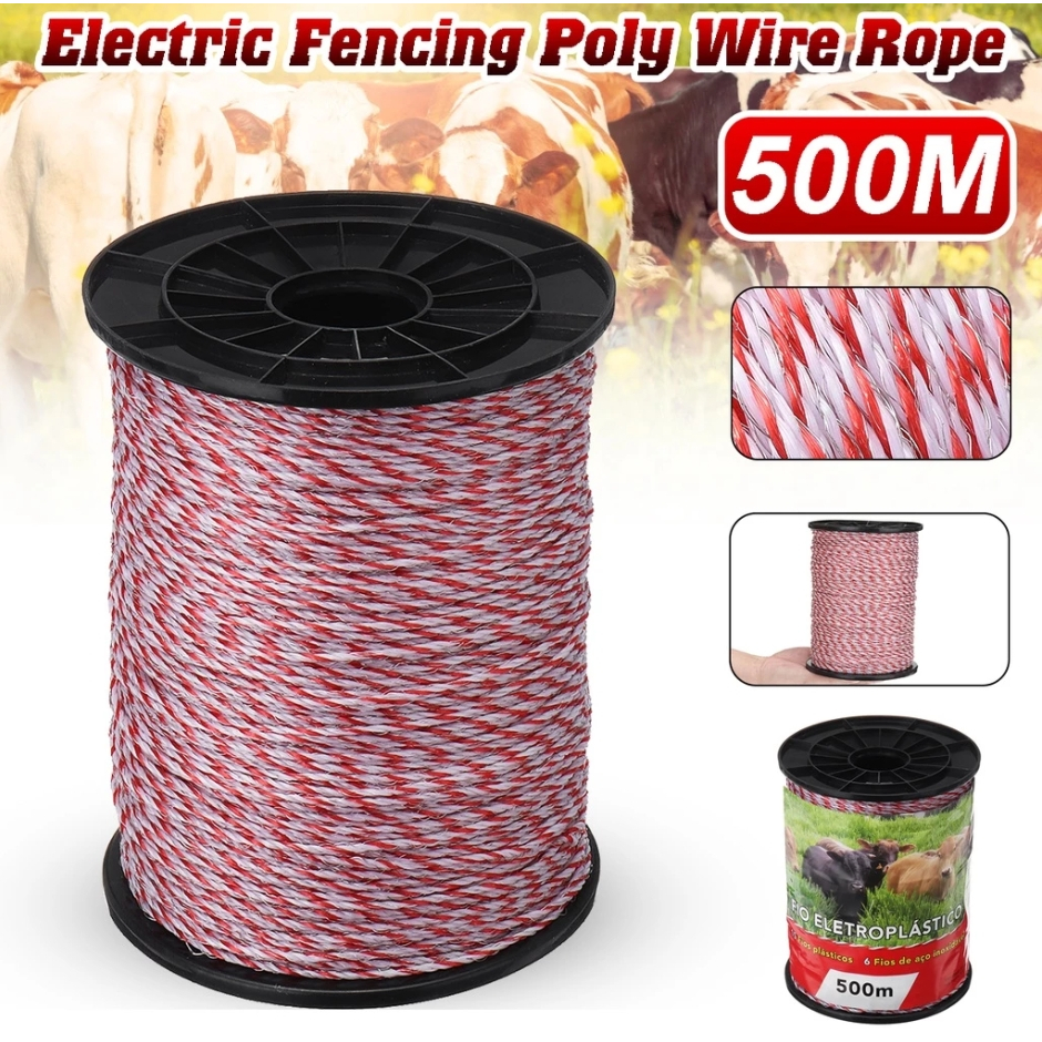 สายรั้วไฟฟ้า 500 ม 2 มม โพลีไฟ 6 แกน สีแดงขาว ใช้กับวัว แกะ ม้า ทนแดด กันน้ำ
