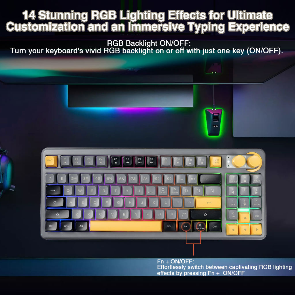 Solakaka SK90 คีย์บอร์ดเมมเบรนไร้สาย 90 คีย์ RGB Tri-Mode Bluetooth5.0/2.4G/USB-C รองรับแบบมีสาย Office Gaming - รูปที่ 3