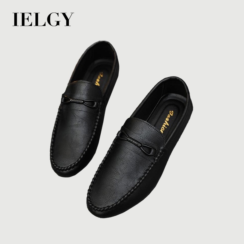 IELGY ผู้ชายสไตล์เกาหลีแบบสวมขี้เกียจระบายอากาศรองเท้าหนังลําลอง