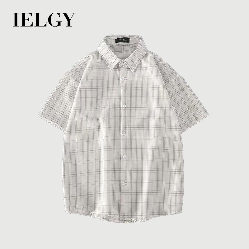 IELGY เสื้อเชิ้ตผู้ชายบางส่วนแขนสั้นเสื้อลายสก๊อตสีขาวหลวมสบายๆสไตล์เกาหลีอินเทรนด์ทุกการแข่งขันครึ่งแขน