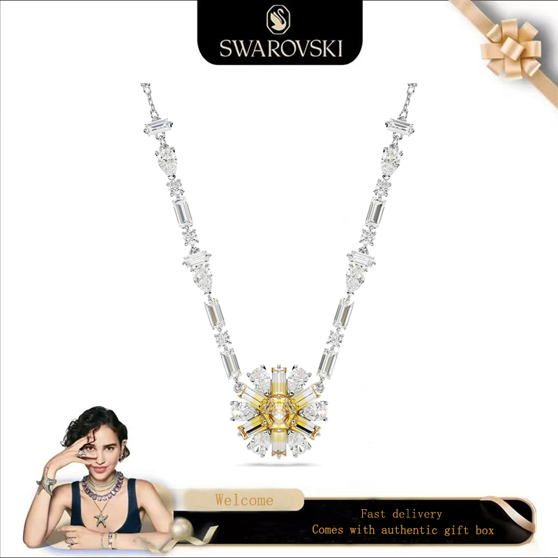 SWAROVSKI สวารอฟสกี้ (ใหม่) สร้อยคอแฟชั่นสุภาพสตรี ส925 เงินสเตอร์ลิงดอกไม้คริสตัลสีเหลืองอัญมณี อภิบาล ทิวทัศน์สร้อยคอของขวัญวันวา