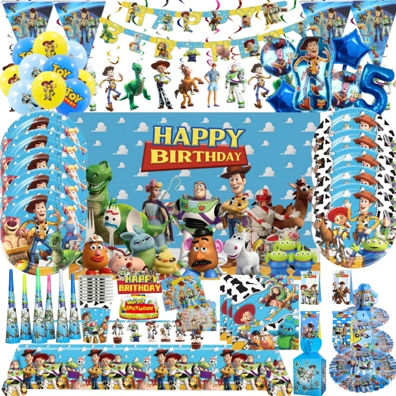 ใหม่ Toy Story วันเกิด Party Decor Buzz Lightyear บนโต๊ะอาหารแผ่นกระดาษถ้วยผ้าปูโต๊ะกระเป๋าเด็กเด็กอุปกรณ์อาบน้ํา
