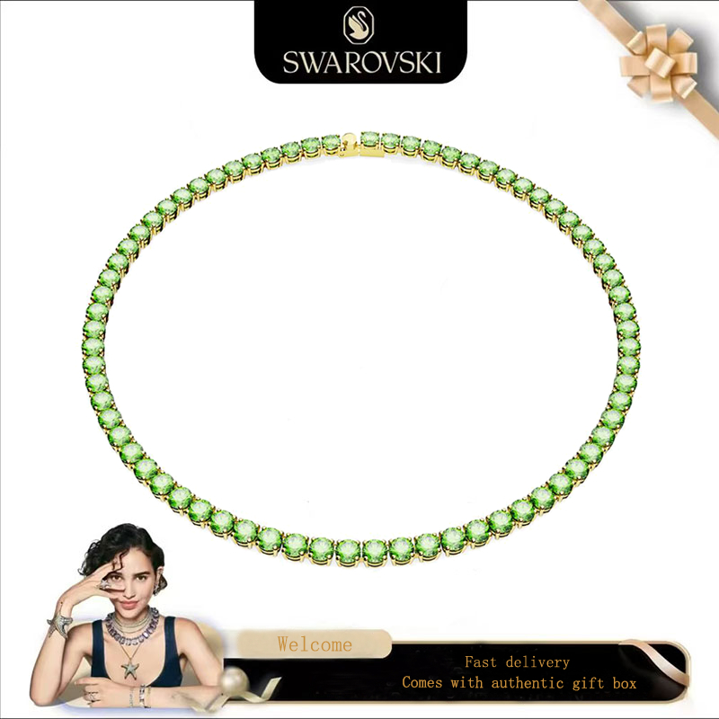 SWAROVSKI สวารอฟสกี้ (ใหม่) สร้อยคอแฟชั่นสุภาพสตรี ชุบทองรอบตัดคริสตัลสีเขียวพลอยเมทริกซ์เทนนิสสร้อยคอของขวัญวันวาเลนไทน์ของขวัญวัน