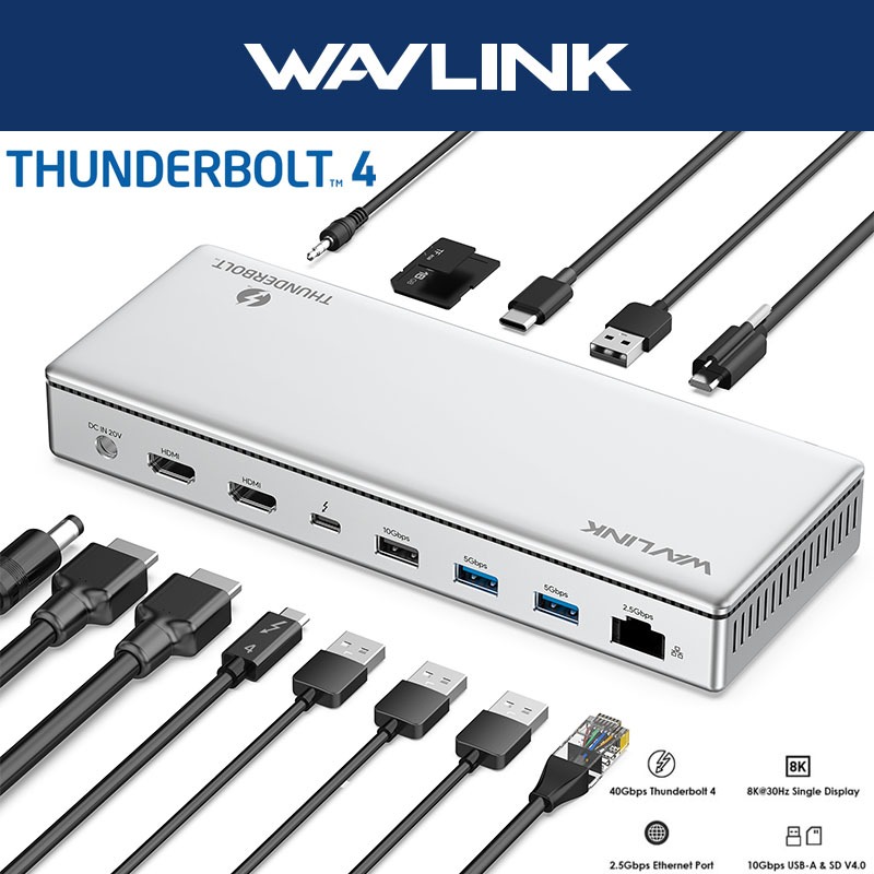 Wavlink Thunderbolt 4 Docking Station พร้อมจอแสดงผล 8K/4K/40 Gbps USB/2.5G RJ45/96W PD สําหรับ Macbo