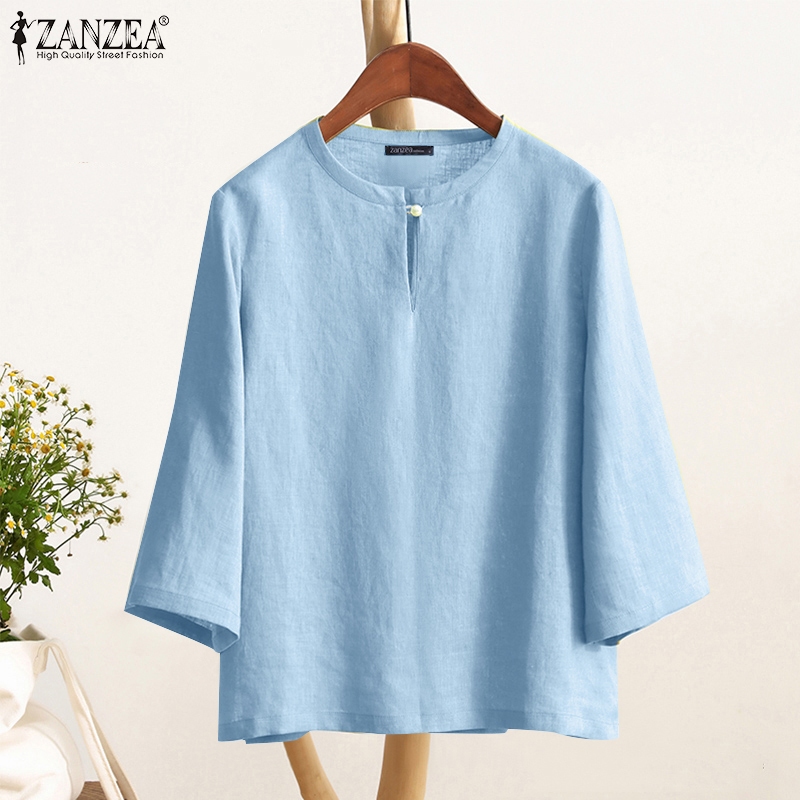 Zanzea เสื้อเบลาส์ลําลอง คอกลม แขน 3/4 สีพื้น สไตล์เกาหลี สําหรับผู้หญิง — صورة 6