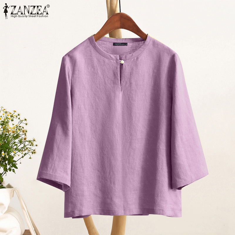 Zanzea เสื้อเบลาส์ลําลอง คอกลม แขน 3/4 สีพื้น สไตล์เกาหลี สําหรับผู้หญิง — صورة 8