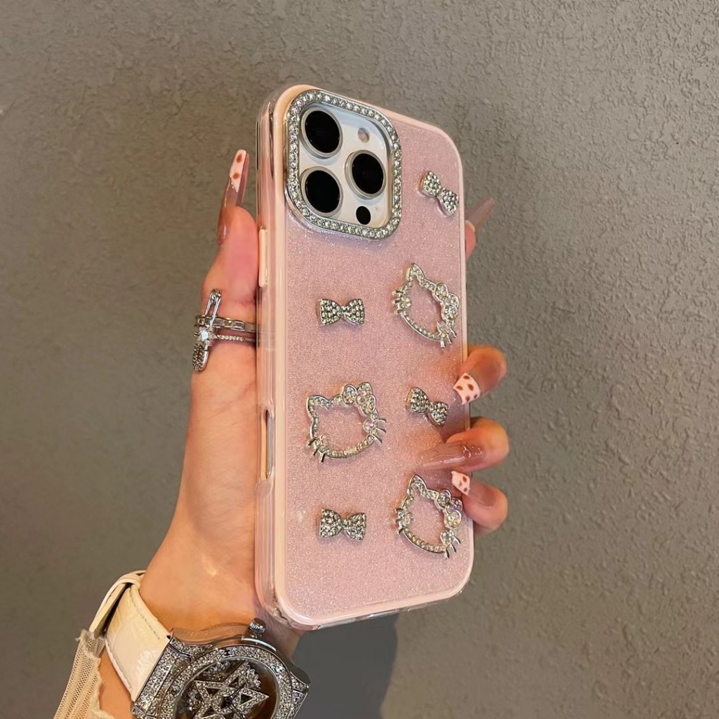3D แฟลชเจาะ Bowknot kitty สีชมพูสีขาวหลวมแป้ง IMD เคสโทรศัพท์สําหรับ Iphone 17 16promax 15 14 13pro max 12 15plus 12promax 11 ราคา ถูกที่สุด ดีลบีเคเค แกลเลอรีภาพที่ 4
