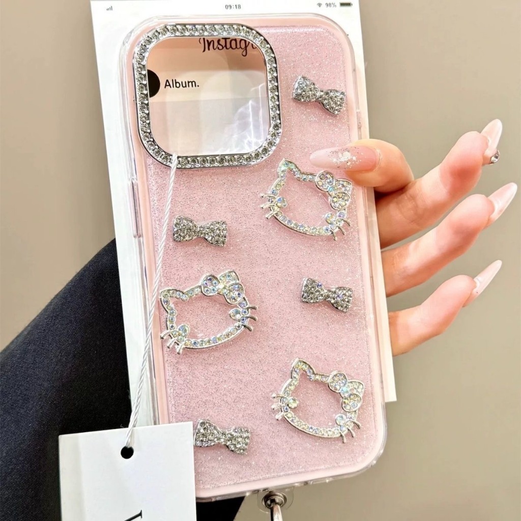 3D แฟลชเจาะ Bowknot kitty สีชมพูสีขาวหลวมแป้ง IMD เคสโทรศัพท์สําหรับ Iphone 17 16promax 15 14 13pro max 12 15plus 12promax 11 ราคา ถูกที่สุด ดีลบีเคเค