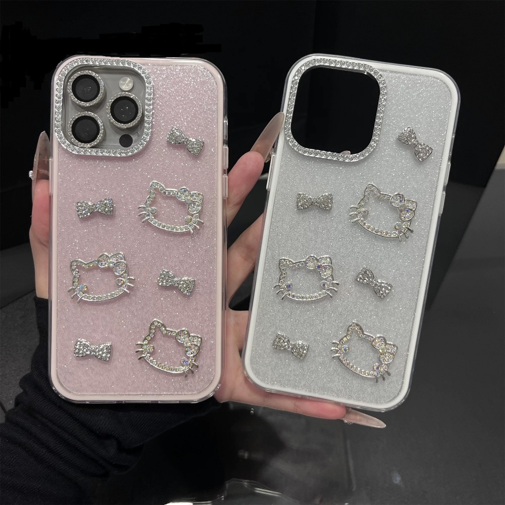 3D แฟลชเจาะ Bowknot kitty สีชมพูสีขาวหลวมแป้ง IMD เคสโทรศัพท์สําหรับ Iphone 17 16promax 15 14 13pro max 12 15plus 12promax 11 ราคา ถูกที่สุด ดีลบีเคเค แกลเลอรีภาพที่ 2