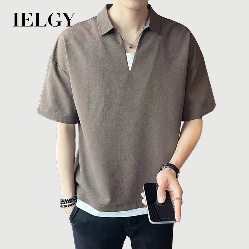 IELGY เสื้อโปโลแขนสั้นเรียบง่ายหลวมผ้าไหมน้ําแข็งเสื้อยืดผู้ชาย