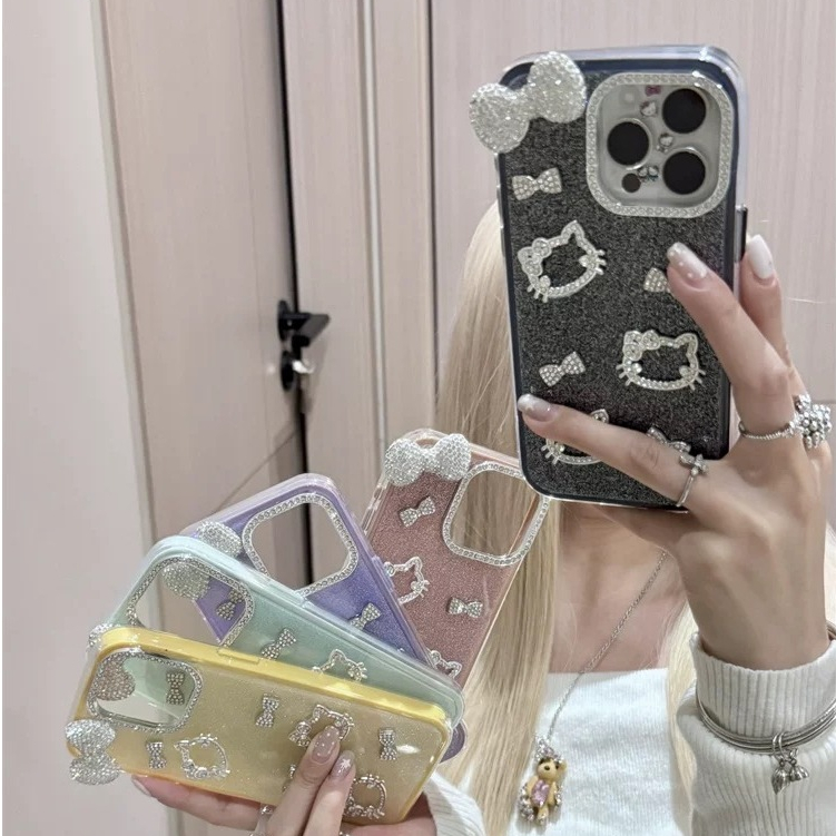 ขายร้อน 3D แฟลชเจาะ Bowknot kitty แป้งฝุ่นสีสันสดใส IMD เคสโทรศัพท์สําหรับ Iphone 16promax 15 14 13pro max 12 15plus 12promax 11