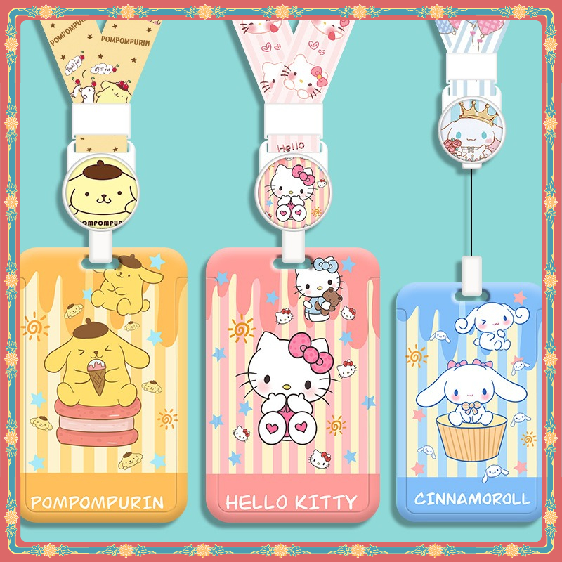 Sanrio พร้อมสต็อก ซานริโอ เปลือกแข็งหดเชือกยาวผู้ถือบัตร ซานริโอ เครื่องประดับหลายการ์ตูนผู้ถือบัตรบัตรง่ายผู้ถือป้องกันการสูญหายกระเป๋าเสน่ห์ควบคุมการเข้าถึง นาย
