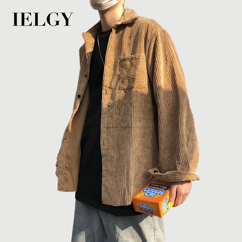 IELGY ผ้าลูกฟูกผู้ชายย้อนยุคหลวมทุกการแข่งขันเสื้อเชิ้ตแขนยาว