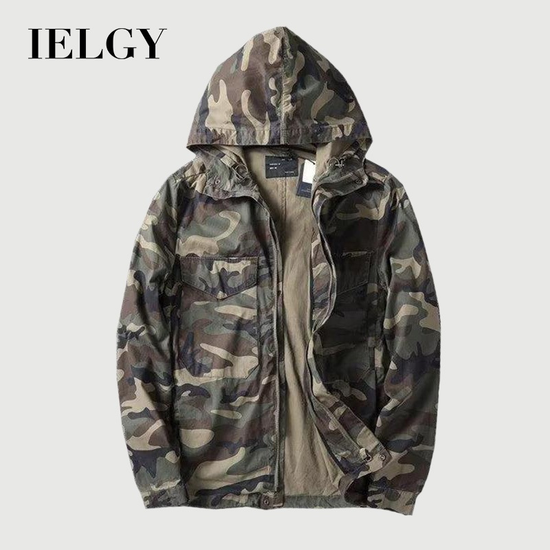 IELGY ชุดเอี๊ยมหลายกระเป๋ามีซิปมีฮู้ดย้อนยุคสําหรับผู้ชาย