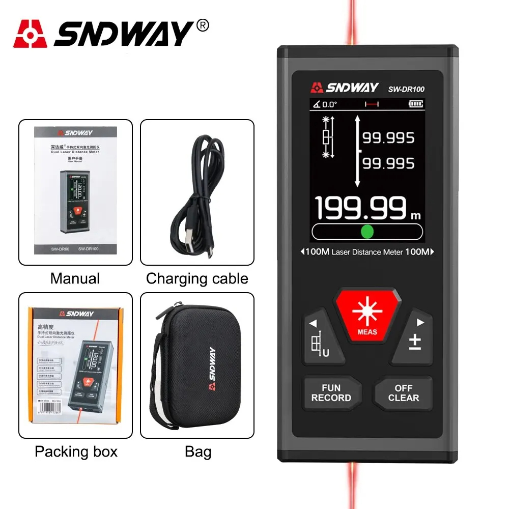 Sndway Dual เครื่องวัดระยะเลเซอร์การวัดแบบสองทิศทางระดับอิเล็กทรอนิกส์ช่วง Finder ไม้บรรทัดเทปเลเซอร์ SW-DR/DG SW-DR60 SW-DR100