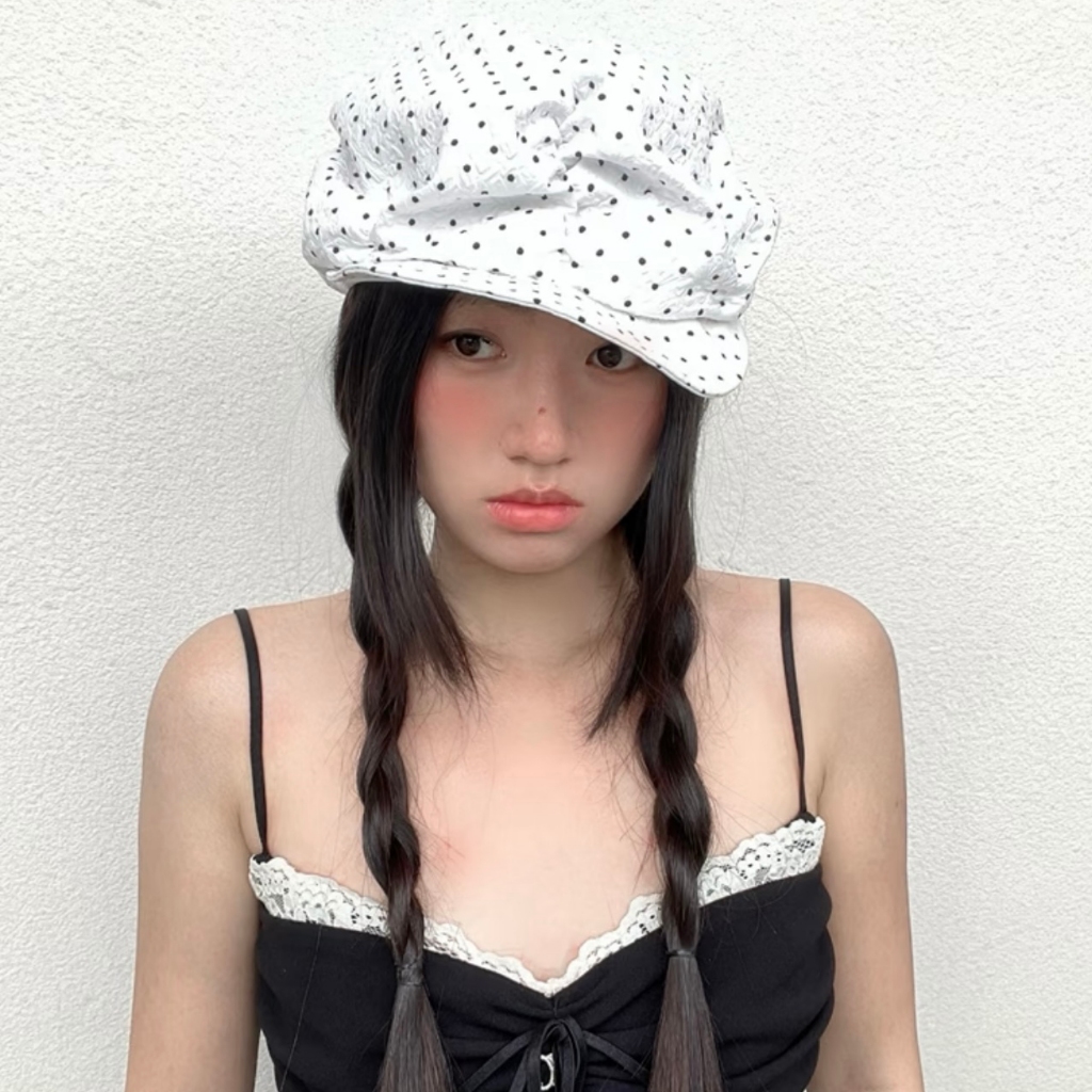 สไตล์เกาหลี Polka Dot Cloud หมวกแปดเหลี่ยมหญิง y2k สาวร้อน All-Match ดูขนาดเล็กสั้น-ตัดขนาดใหญ่รุ่น Beret จิตรกรหมวก