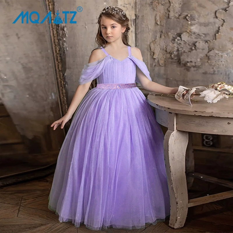 Mqatz ยาวสําเร็จการศึกษาชุดเจ้าหญิงสําหรับเด็กหญิง V คอชุดชุดแต่งงานสีม่วง 6 14 ปี ALP-0052