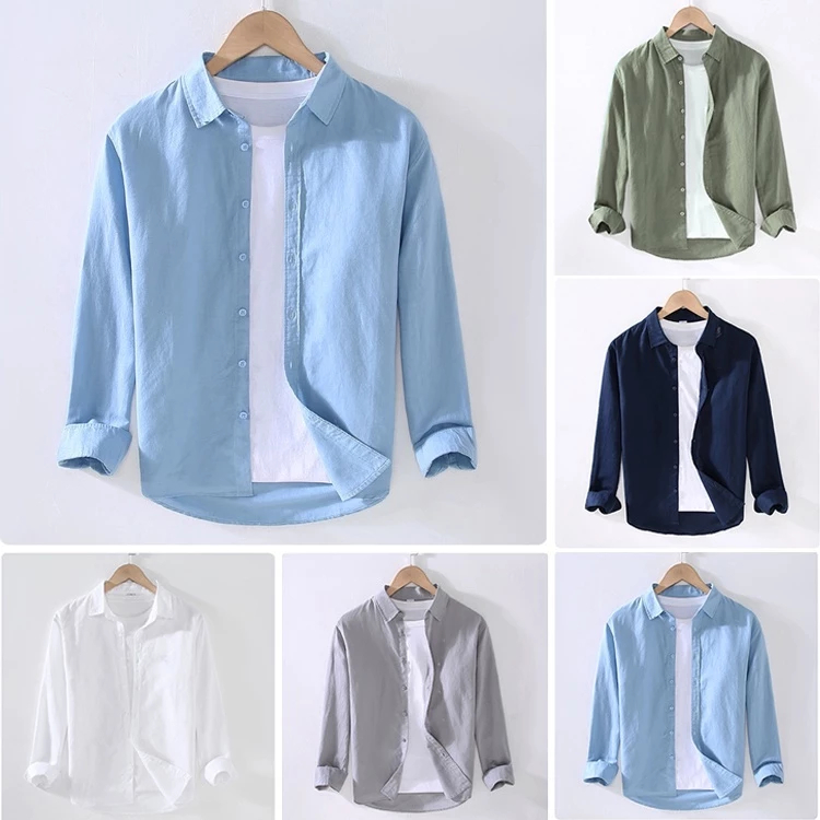 M-3XL เสื้อเชิ้ตผู้ชาย ผ้าฝ้าย และผ้าลินิน สีขาว แฟชั่นฤดูร้อน เสื้อผู้ชาย