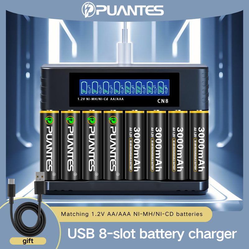 Puantes AA/AAA USB เครื่องชาร์จ 8 ช่องจับคู่กับ 1.2V AA/ANi MH/ni cni MH/ni CD แบตเตอรี่ชาร์จ