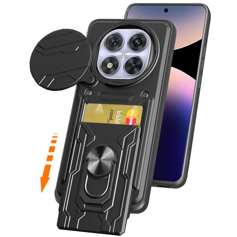 กรณีโทรศัพท์มือถือหนักกันกระแทกพร้อมที่วางโลหะและช่องเสียบการ์ด Redmi Note 14 Pro Plus Note 13 Pro Note 12 Pro 14C 13C