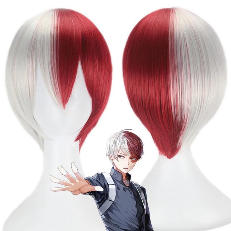 วิกผมอนิเมะ My Hero Academia Todoroki สไตล์ผมสั้นสีแดงและสีขาว