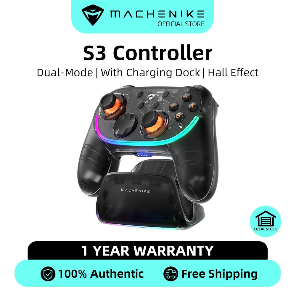 เค้าโครงปุ่มสวิตช์ Machenike S3 คอนโทรลเลอร์เกมแบบดูอัลโหมดพร้อมแท่นชาร์จ จอยสติ๊กเอฟเฟกต์ RGB Hall แบบโปร่งใสพร้อมหมอกเต็ม 1000Hz