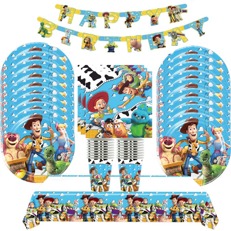 1 ชุด Toy Story ตกแต่งงานเลี้ยงวันเกิด Buzz Lightyear บนโต๊ะอาหารแบบใช้แล้วทิ้งชุดแผ่นกระดาษถ้วยผ้าปูโต๊ะอุปกรณ์อาบน้ําเด็ก