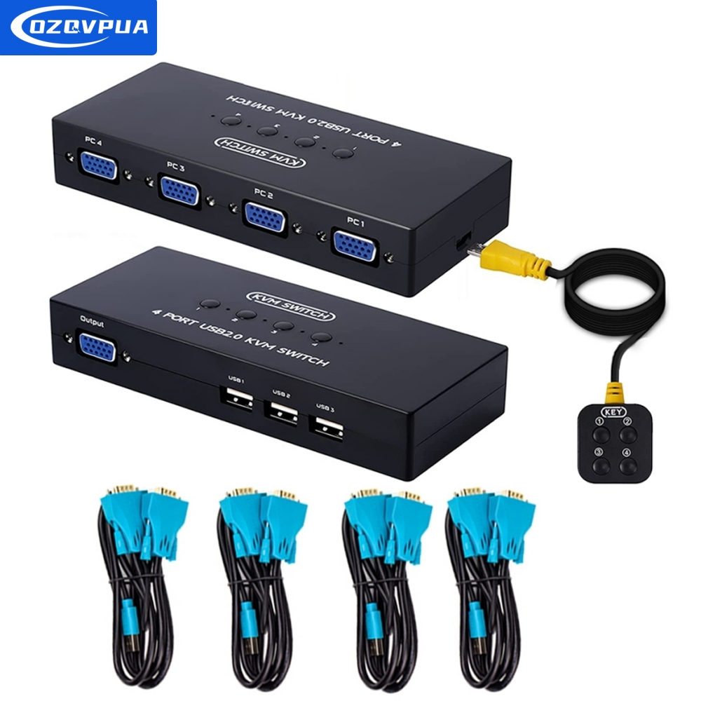 สวิตช์ VGA KVM 4 พอร์ตพร้อมรองรับระยะไกลไร้สาย, สวิตช์ OZQVPUA KVM VGA พร้อมสาย 4 KVM สําหรับคอมพิวเตอร์ 4 PC Sharing 1 จอภาพ