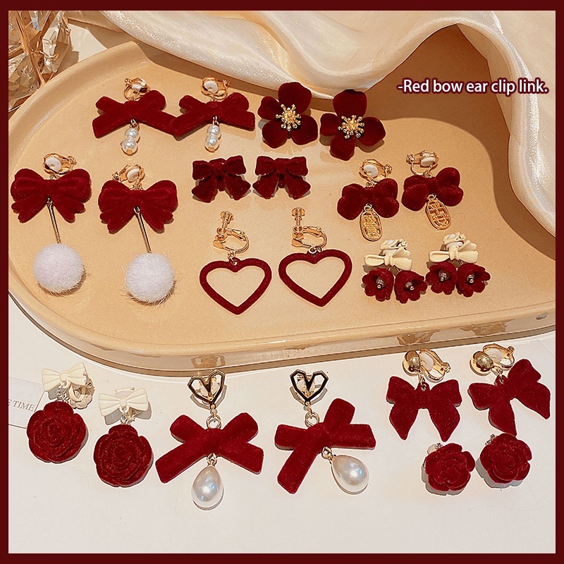 ใหม่ ต่างหูแบบหนีบ ประดับโบว์ สีแดง แฟชั่นปีใหม่ สําหรับผู้หญิง
