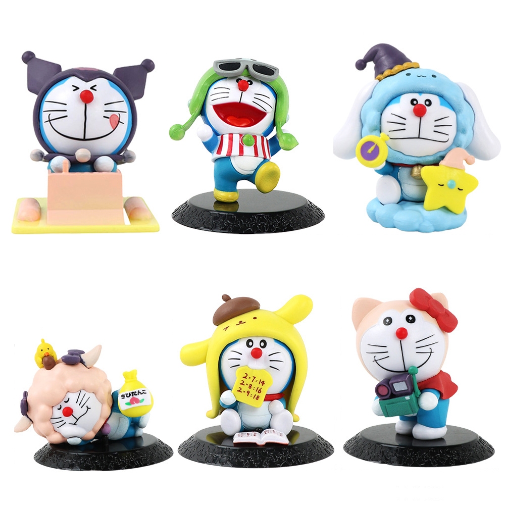 6 ชิ้น/เซ็ต 7-9 ซม.อะนิเมะ Doraemon Cross Dressing My Melody Kuromi Pom Pom Purin Hello Kitty Cinnamoroll รุ่น Q PVC ตัวเลขการกระทําตุ๊กตาของเล่น