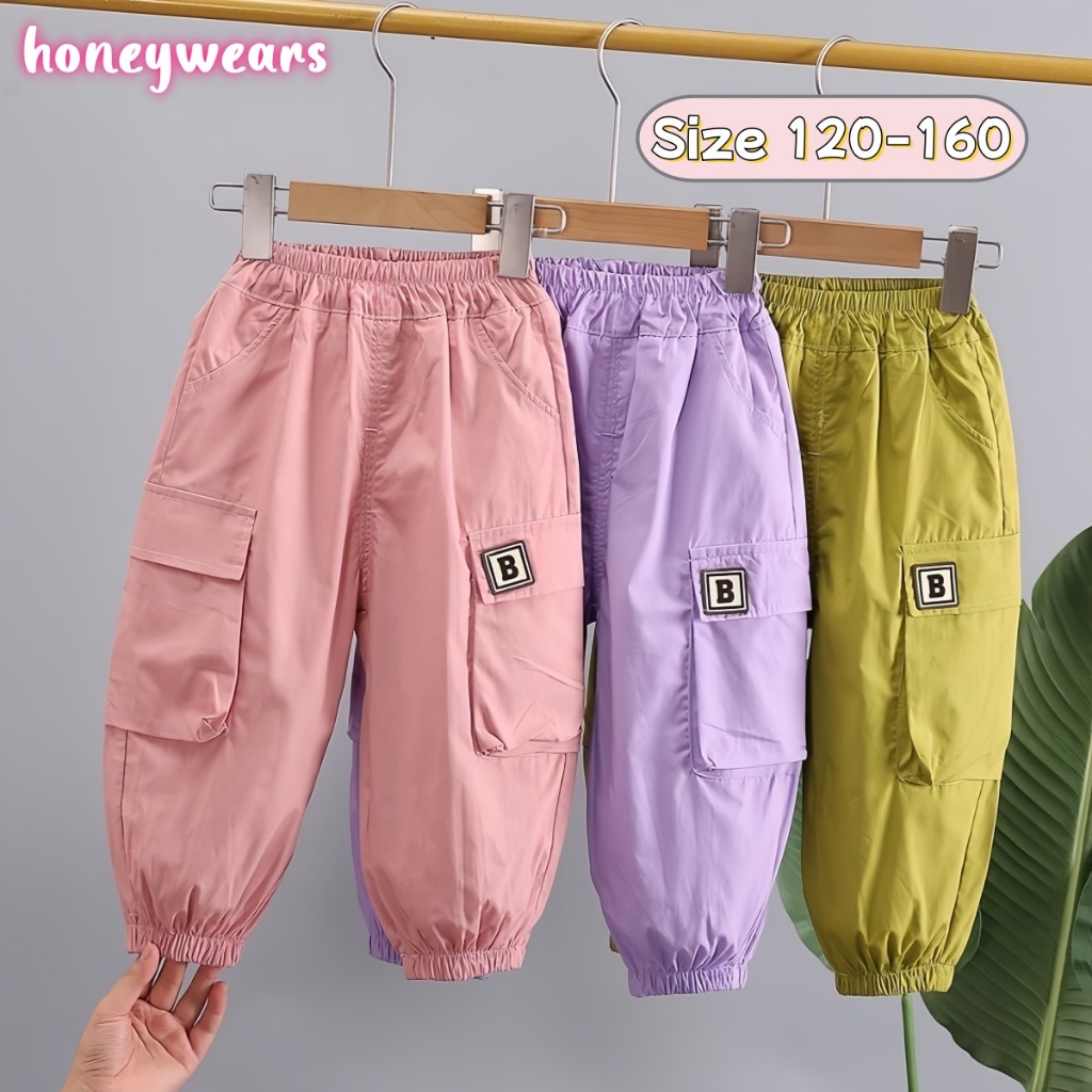 honeywears พร้อมส่ง กางเกงคาร์โก้เด็ก ขายาวรัดเท้า กางเกงกันยุง เอวยางยืด สีสดใส สำหรับเด็กผู้หญิงและเด็กผู้ชาย ไซส์ 120-160