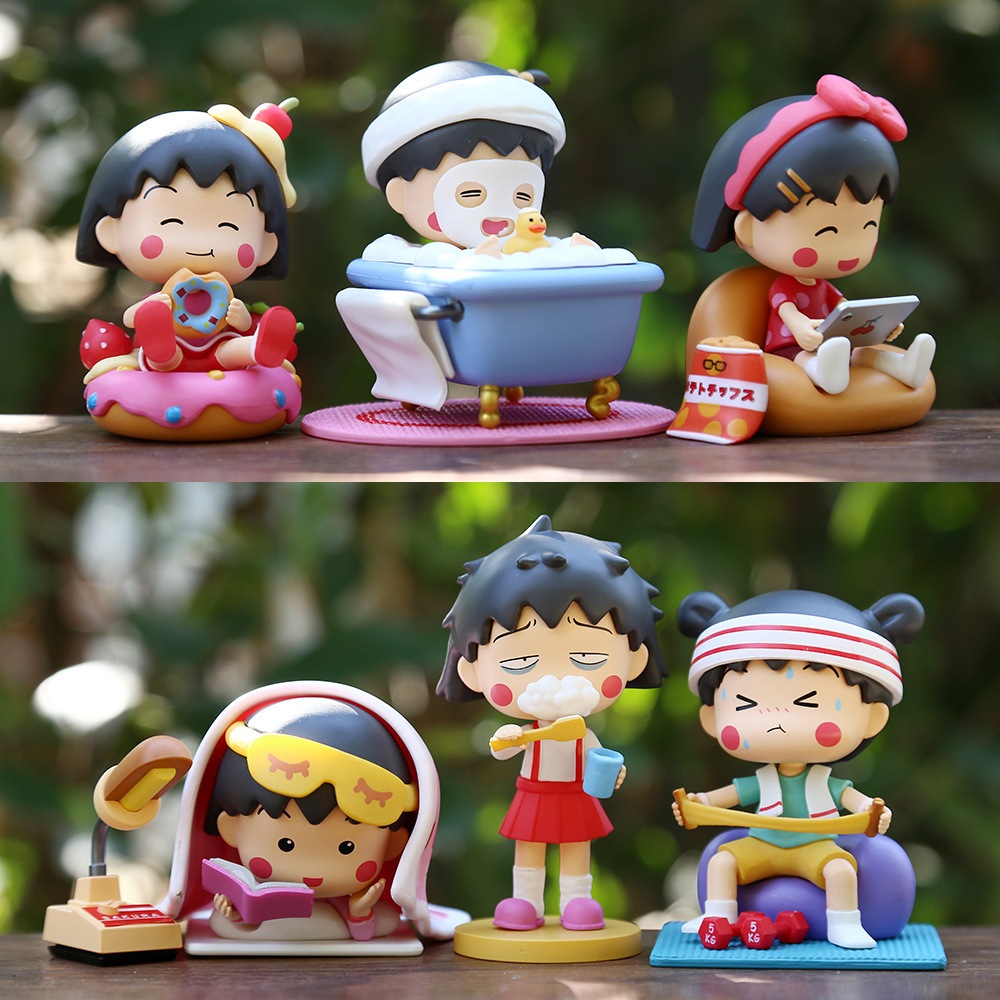 6 ชิ้น/เซ็ตอะนิเมะ Chibi Maruko-chan รูป Sakura Momoko ฉากอาบน้ําตกแต่ง Macaron รุ่น Q PVC ตัวเลขการกระทําตุ๊กตาของเล่น