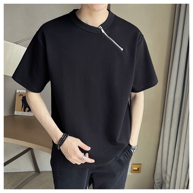 ProMan เสื้อซิปผู้ชาย  คอกลมแขนสั้น  สีล้วน  แฟชั่นแมทช์ง่าย