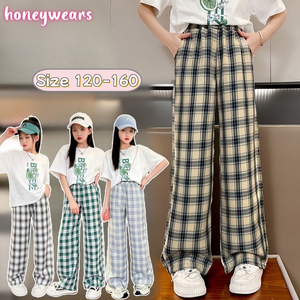 honeywears⚡️พร้อมส่ง⚡️กางเกงลายสก๊อตสำหรับเด็กผู้หญิง กางเกงกันยุงฤดูร้อน ขาตรงทรงหลวม บางเบาและทันสมัย ไซส์ 120-160