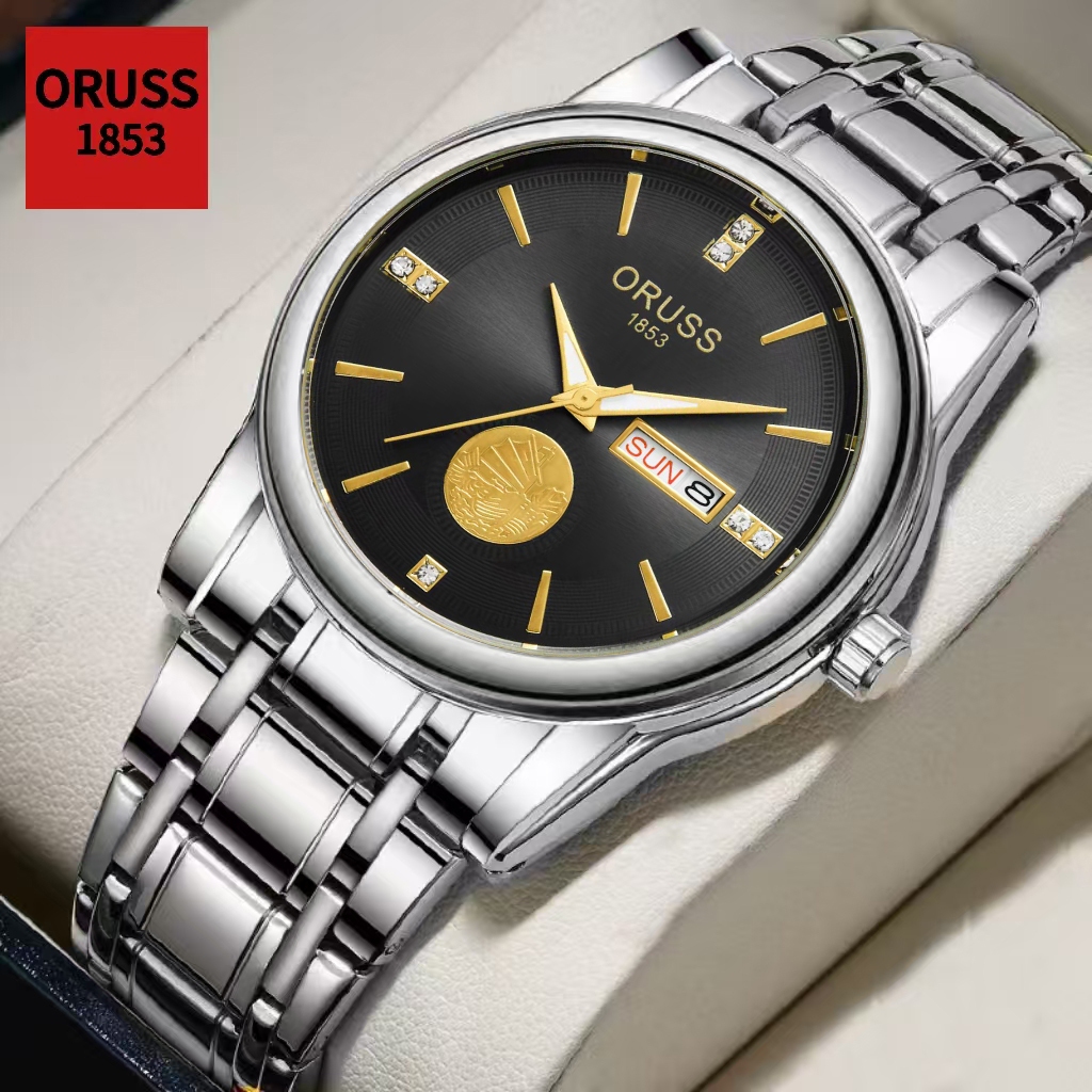 ORUSS Original Mens Dual Calendar Stainless Steel Luxury Luminous Silver Waterproof Business Watch F