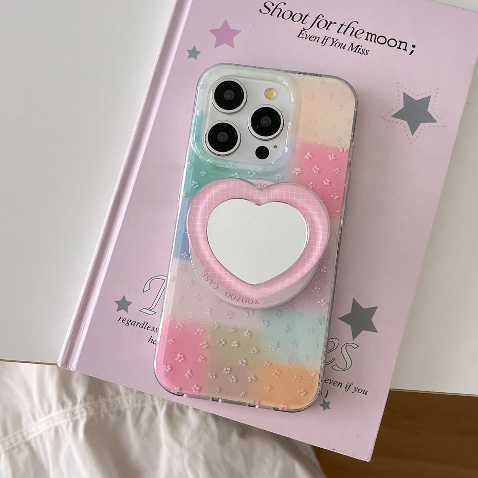 เกาหลี Splicing ดอกไม้กระจกรูปหัวใจวงเล็บแม่เหล็กไร้สายชาร์จเคสโทรศัพท์สําหรับ iPhone 16, 15, 14, 13, 12 Pro Max กันกระแทกกันชนปกหลัง
