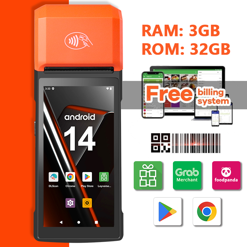 PDA POS เทอร์มินัล พิมพ์ใบเสร็จ หน่วยความจำขนาดใหญ่ รองรับ Loyverse POS, Grab Merchant, Foodpanda