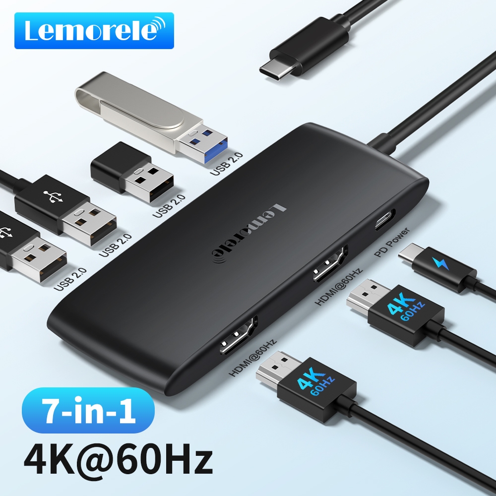Lemorele TC510 แท่นวาง 7-in-1 ฮับ USB dual HDMI 4K 60hz เอาต์พุต USB A 3.0/PD 100W รองรับ Windows/Ma
