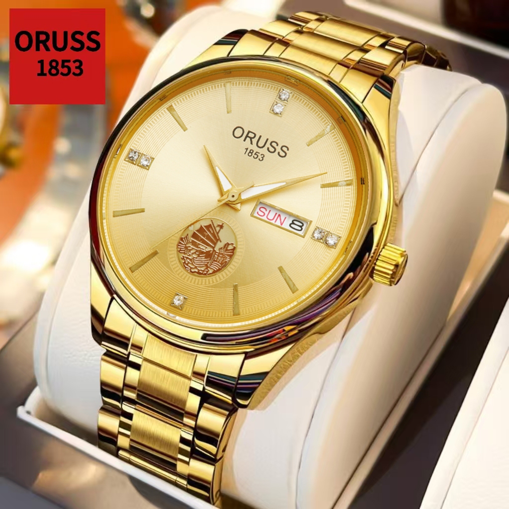 ORUSS รัส ต้นฉบับชายสีทองหรูหราสแตนเลสส่องสว่างปฏิทินคู่กันน้ํานาฬิกาแฟชั่นธุรกิจเกาหลีรุ่นควอตซ์นาฬิกาข้อมือ