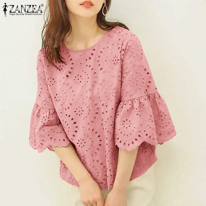 Zanzea เสื้อเบลาส์ลําลอง ผ้าฝ้าย แขน 3/4 คอกลม ปักลายลูกไม้ สไตล์เกาหลี สําหรับผู้หญิง - รูปที่ 3